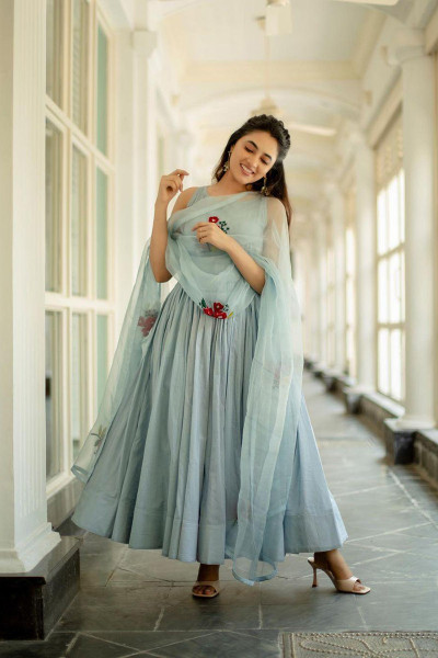 POWDER BLUE ANARKALI WITH ORGANZA KESAR DUPATTA