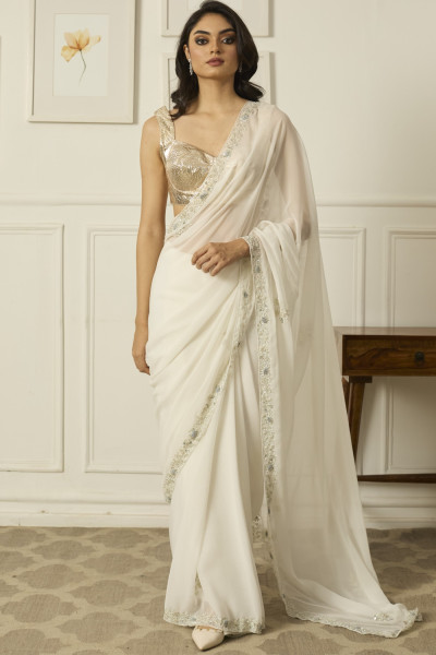 WHITE MEENAKSHI GEORGETTE SAREE