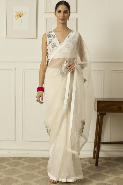 IVORY-SILVER ARADHANA SILK ORGANZA SAREE