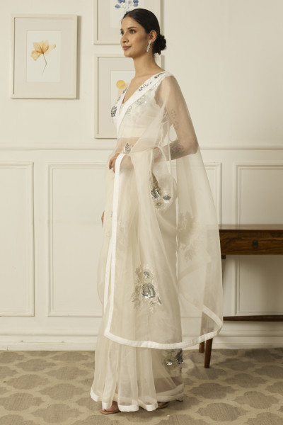 IVORY-SILVER ARADHANA SILK ORGANZA SAREE