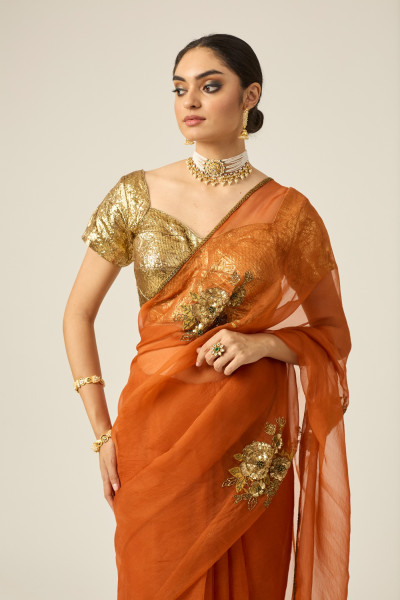 PARO ORANGE SILK ORGANZA SAREE