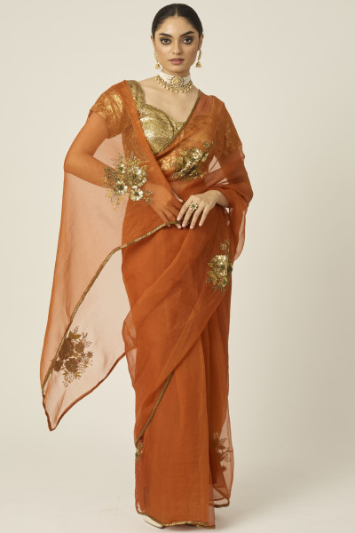 PARO ORANGE SILK ORGANZA SAREE