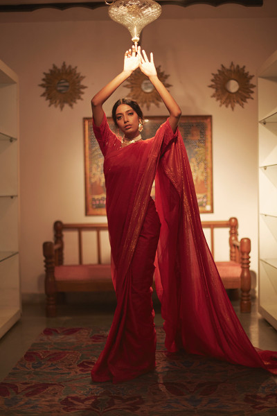 MENAKA RED DOUBLE LAYER SAREE