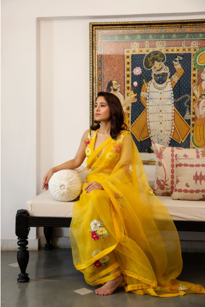 GENDA SILK YELLOW ORGANZA SAREE