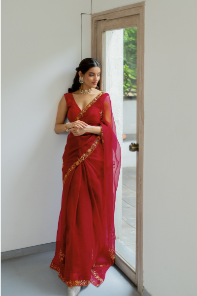 RED MEENAKSHI SILK ORGANZA SAREE