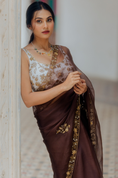 BROWN EXPRESSO ORGANZA SAREE