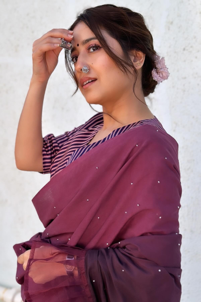 AHSWIN TARA RUFFLE PLUM SAREE