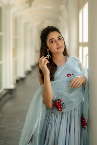 POWDER BLUE ANARKALI WITH ORGANZA KESAR DUPATTA