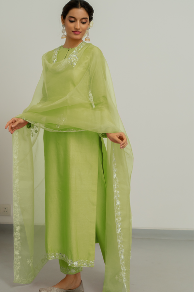 CEILINE CHANDERI SILK KURTA SET-Sage Green