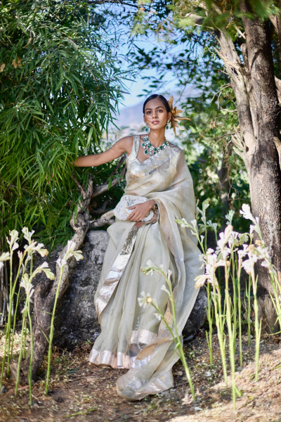 ALBENI IVORY SILK TISSUE SAREE