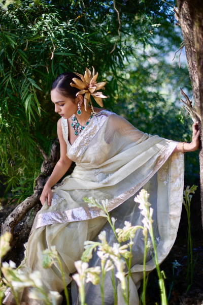 ALBENI IVORY SILK TISSUE SAREE