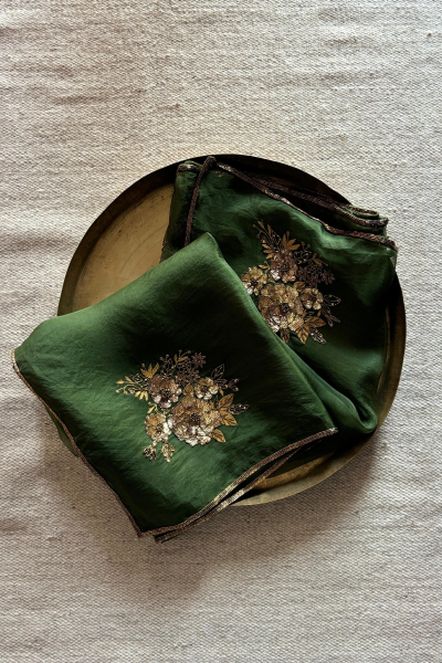 PARO OLIVE GREEN SILK ORGANZA SAREE
