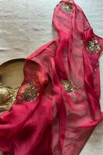 PARO RED SILK ORGANZA SAREE