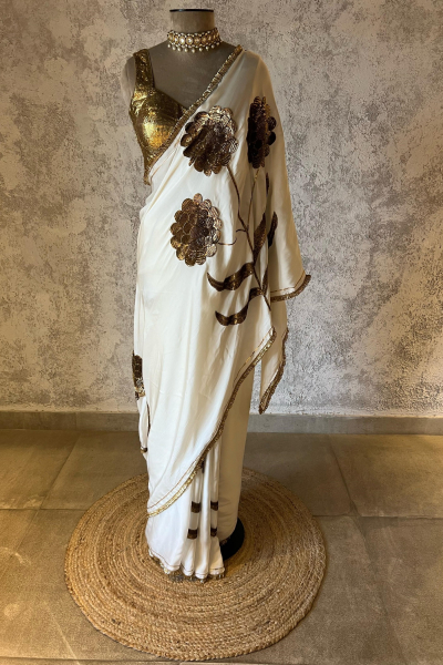 LAURET IVORY SILK SATIN SAREE