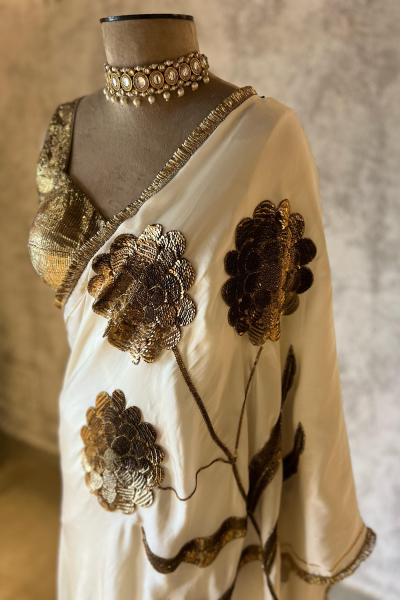 LAURET IVORY SILK SATIN SAREE