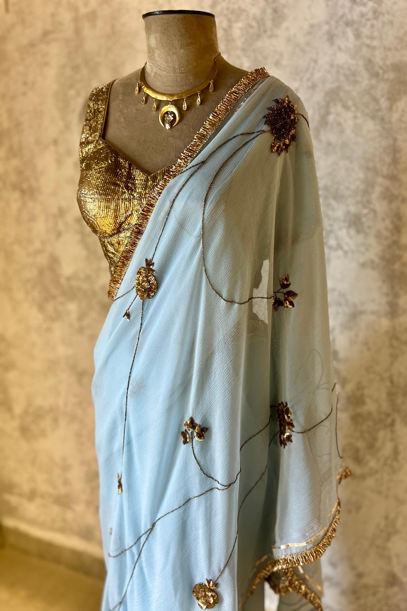 Powder Blue Siana Chiffon Saree | Peeli Dori