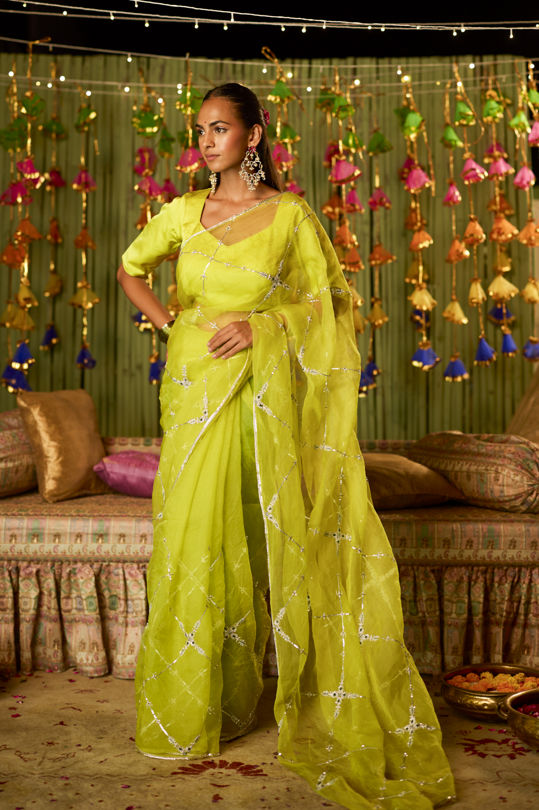 Noorani Lime Organza Saree | Peeli Dori