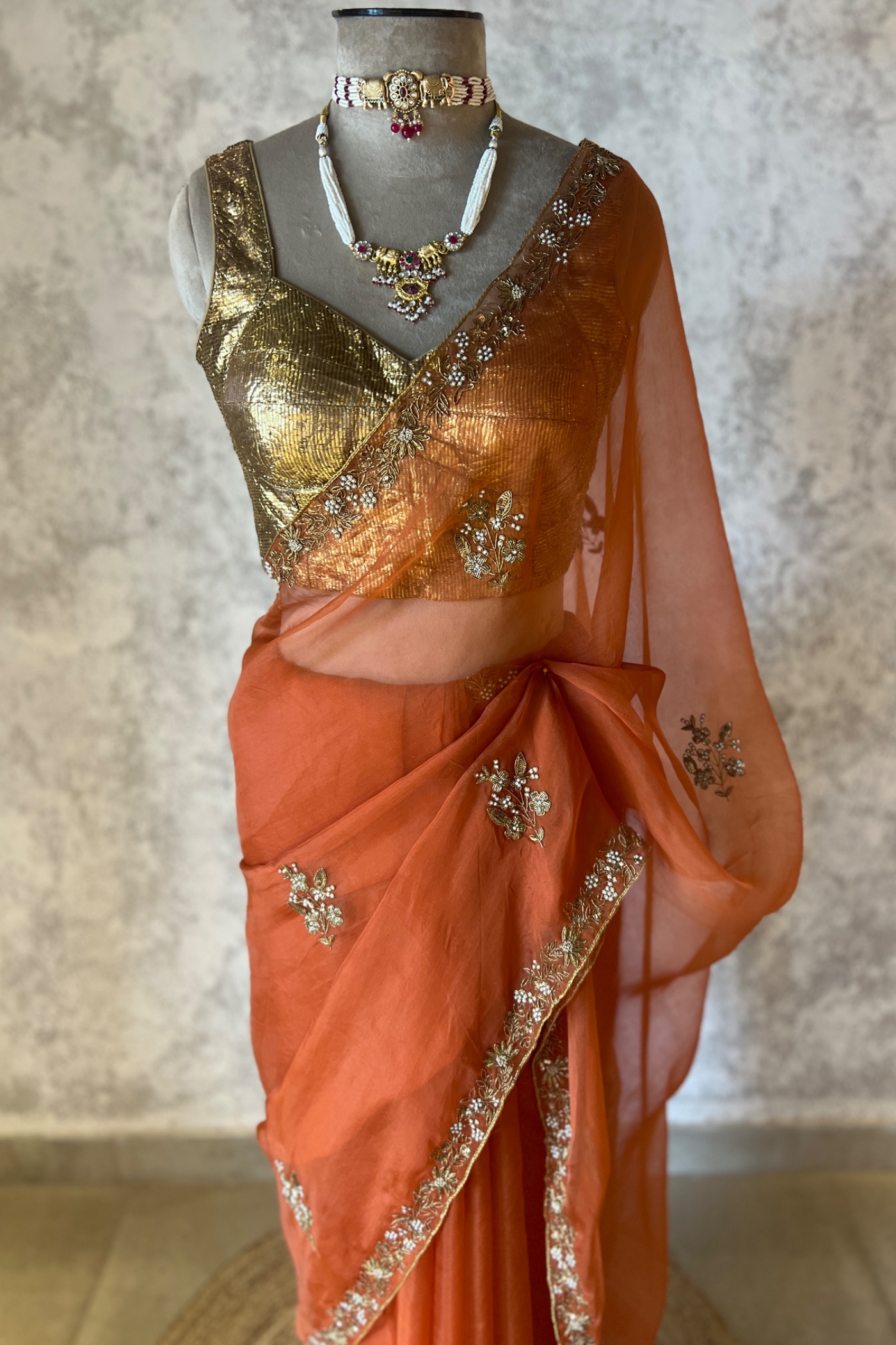 Rust Orange Meenakshi Silk Organza Saree | Peeli Dori