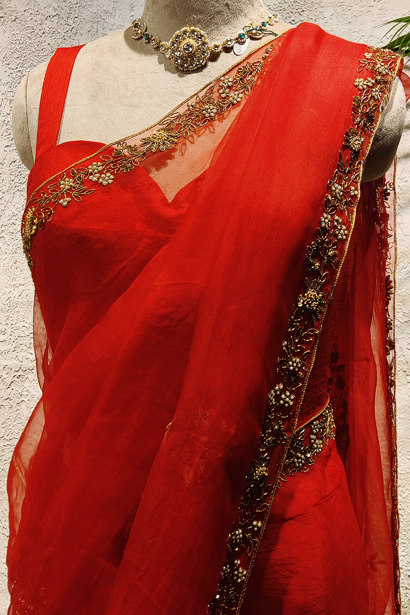 Crimson Red Meenakshi Silk Organza Saree