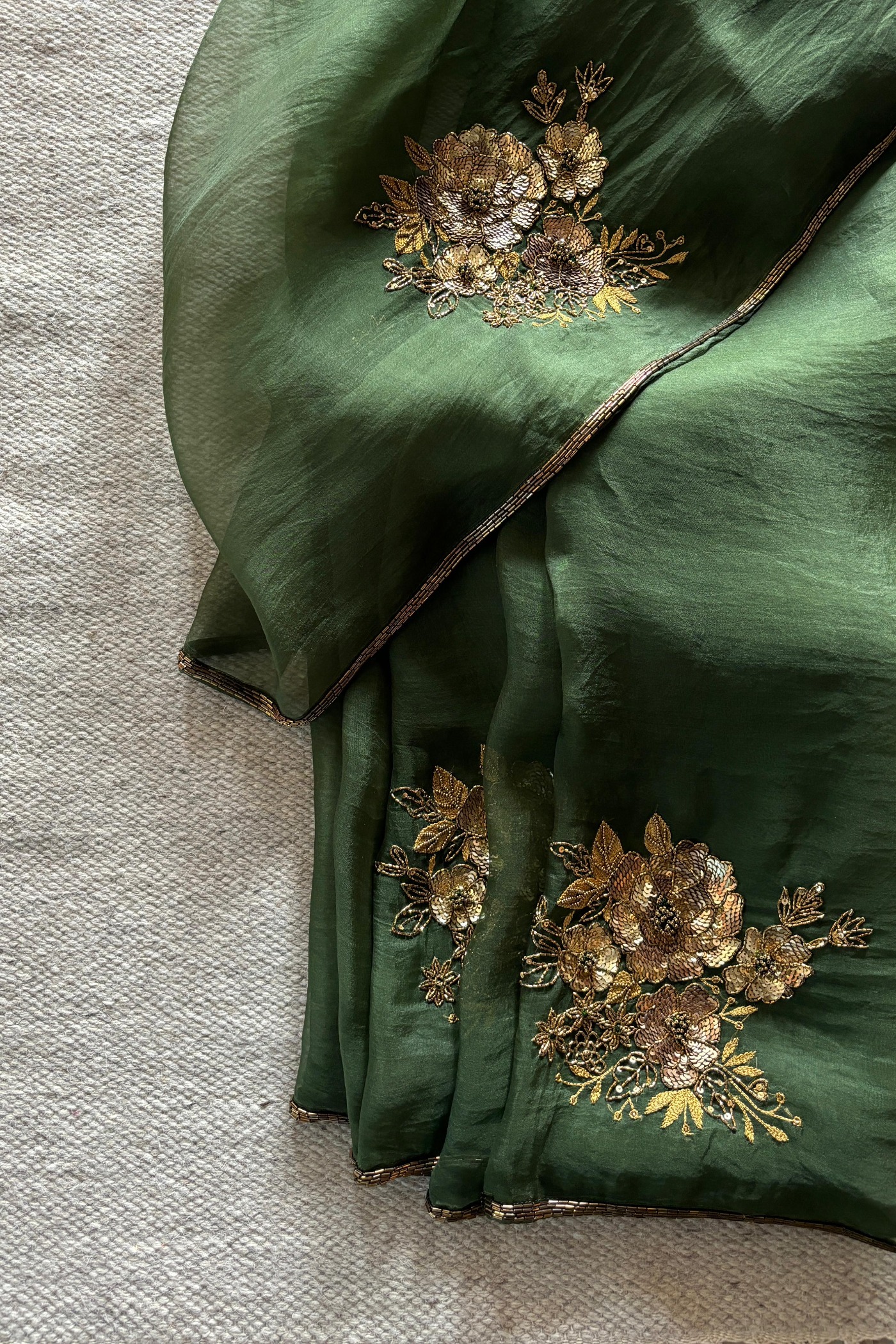 Paro Olive Green Silk Organza Saree | Peeli Dori