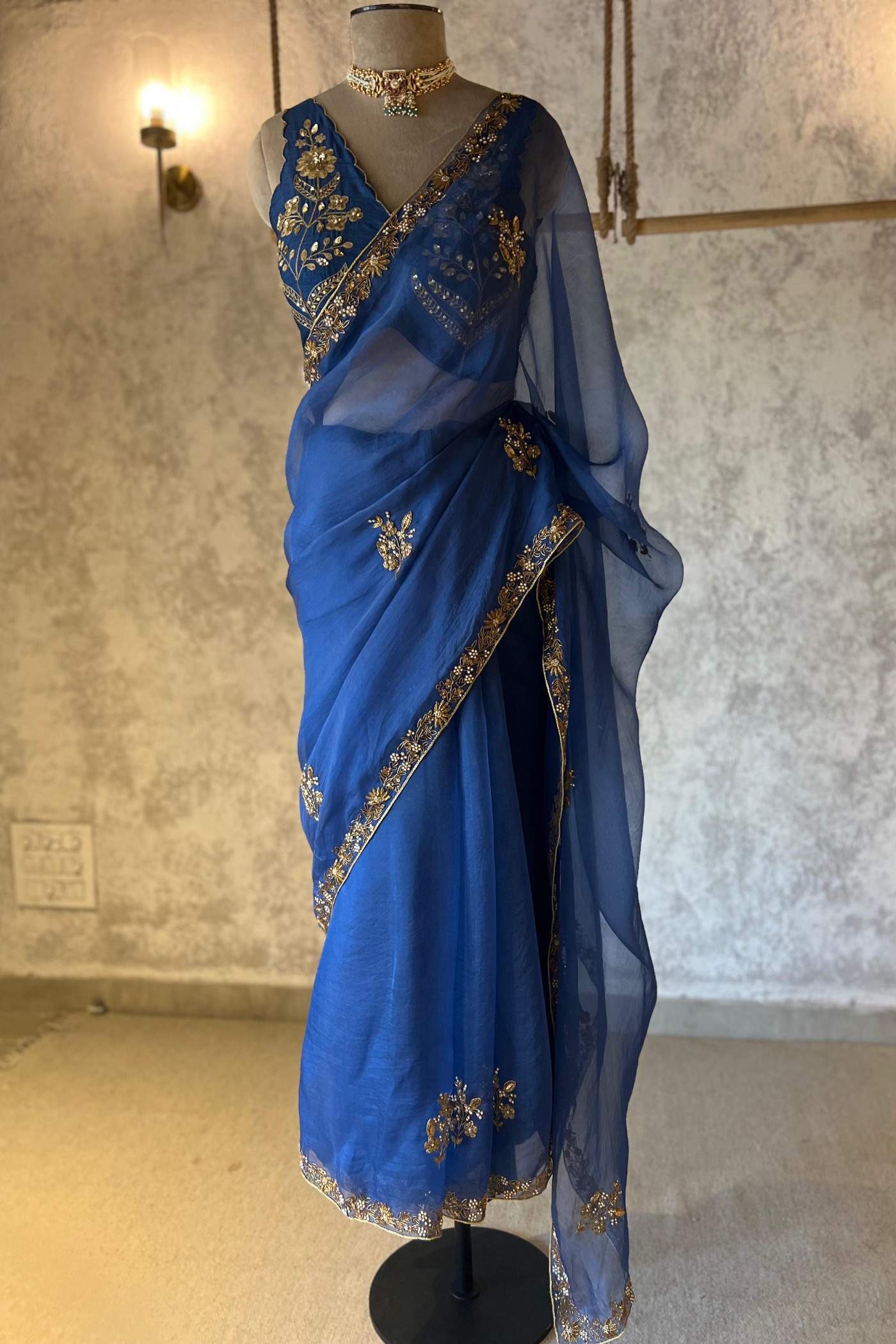 Neelam Silk Organza Saree - Ink Blue · Hand Embroidery | Peeli Dori Dehradun