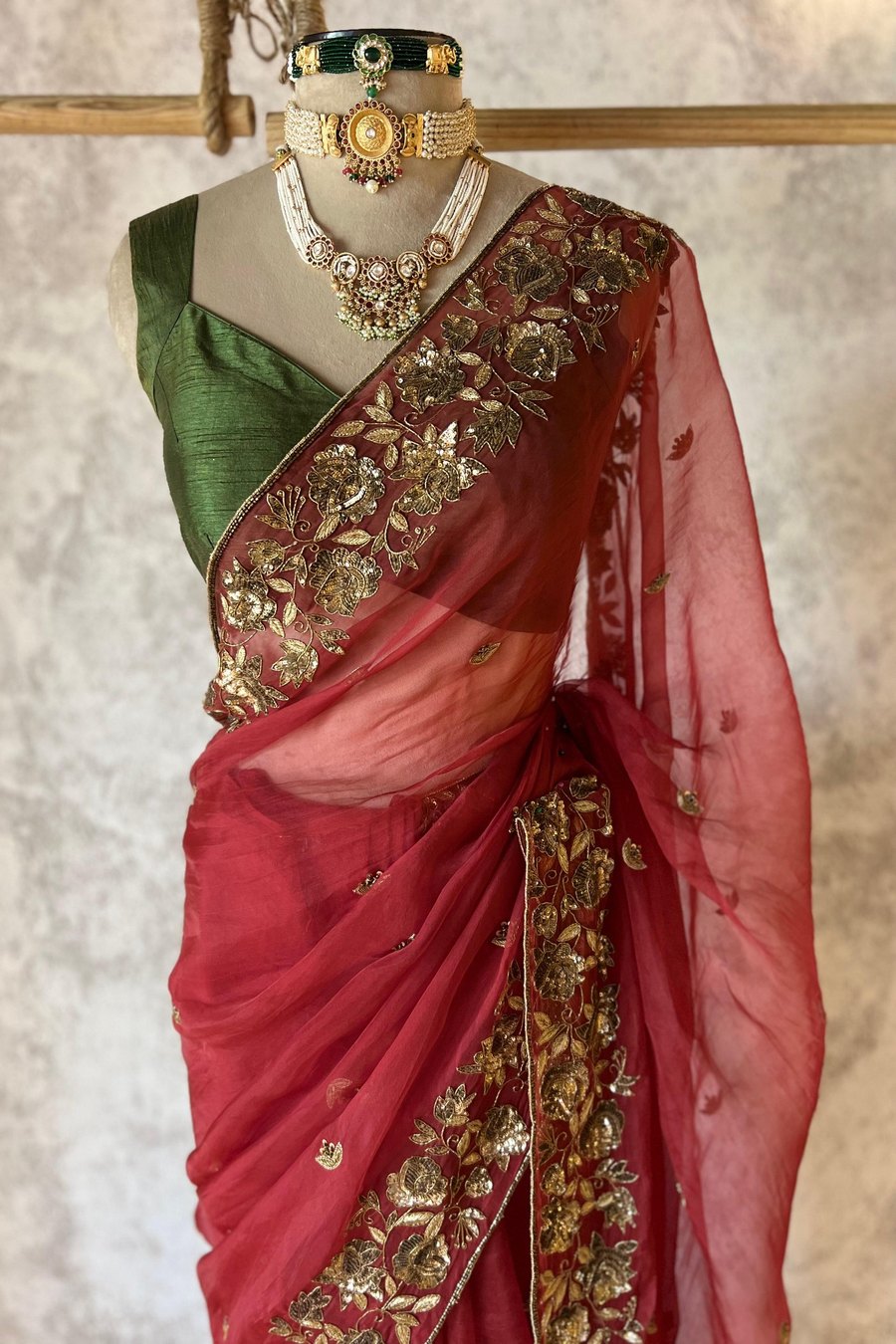 RUQMANI MAROON ORGANZA SAREE