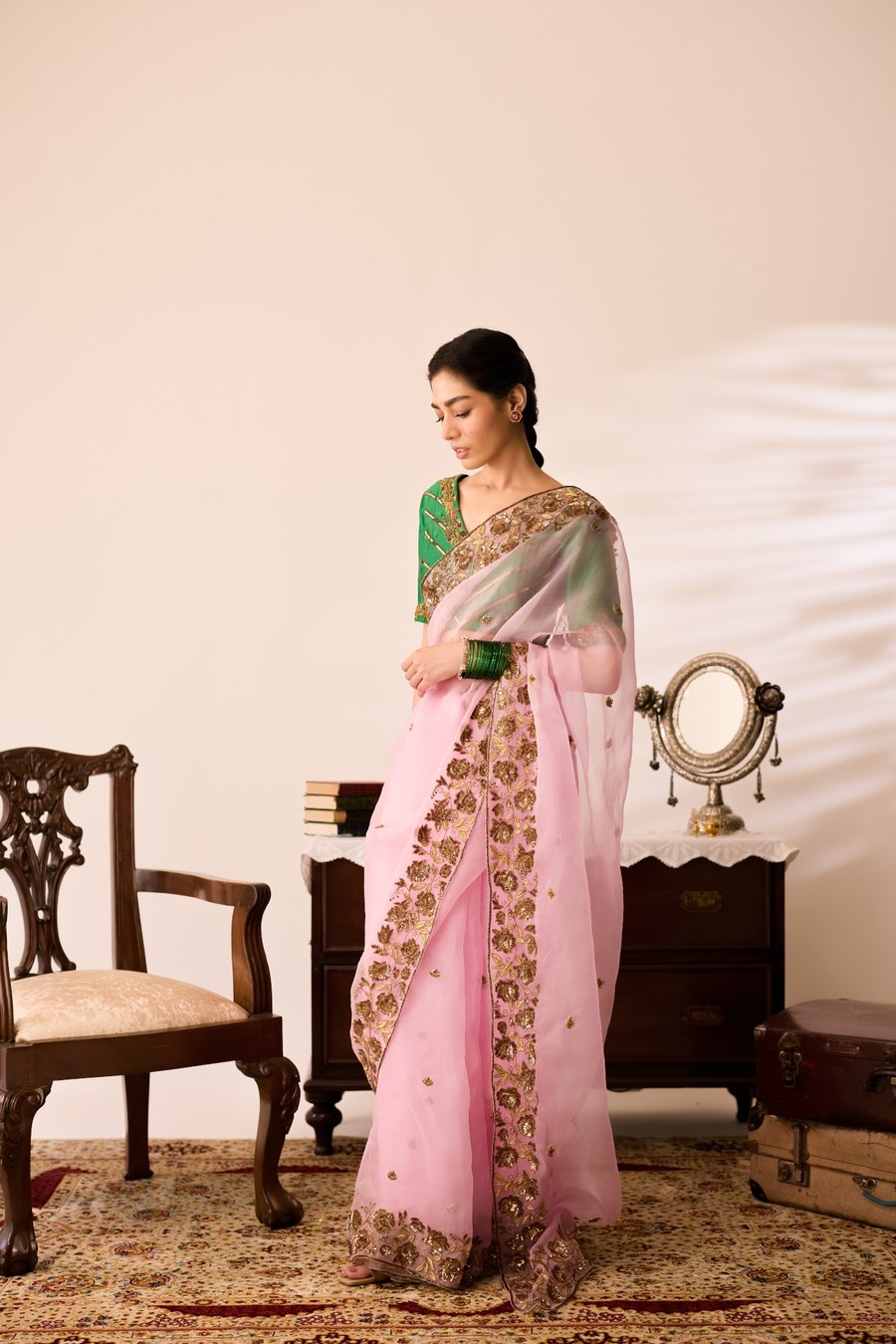 RUQMANI GULABI ORGANZA SAREE