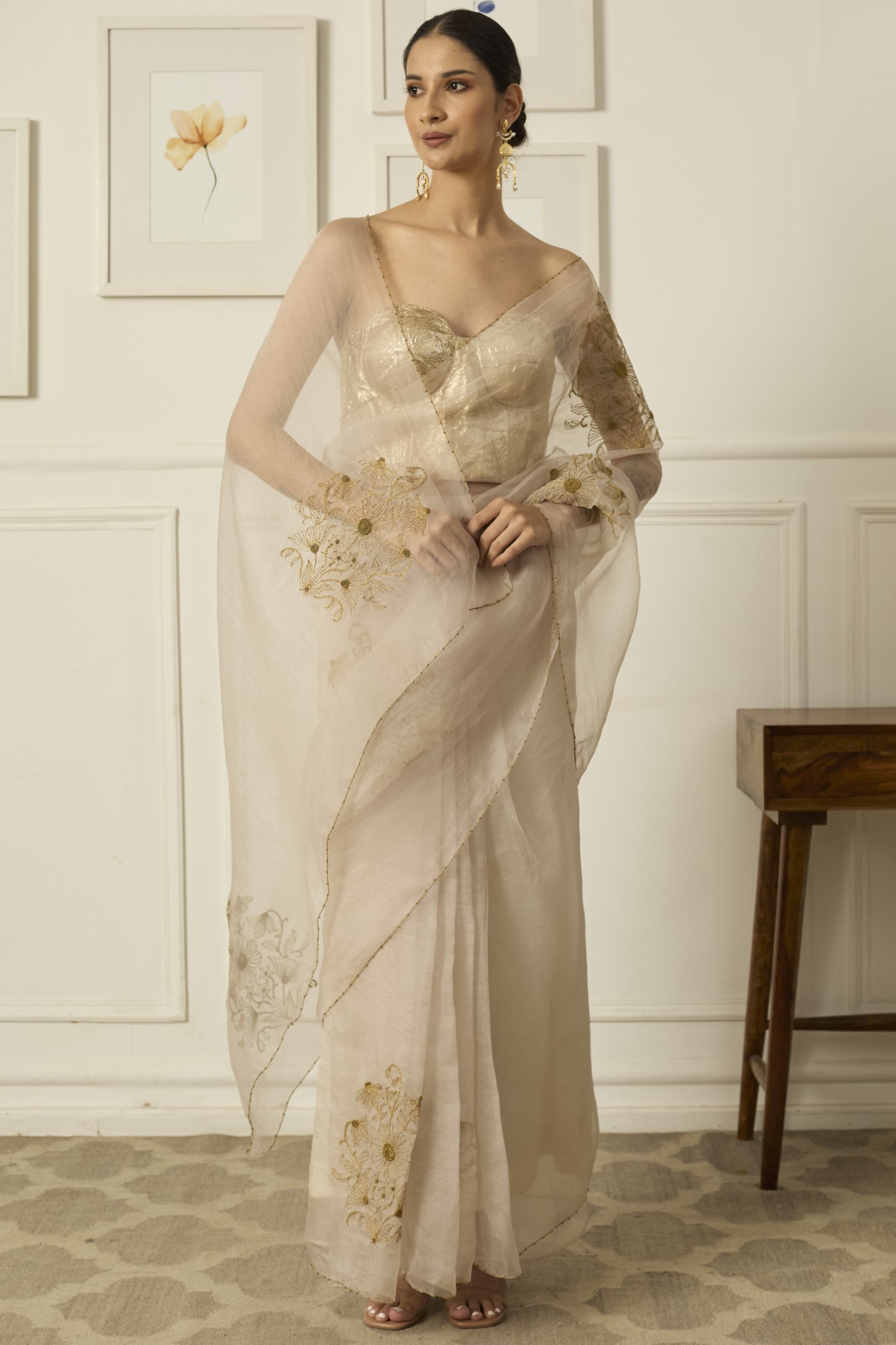 MIRAL SILK ORGANZA SAREE — Beige — Silk Organza | Peeli Dori