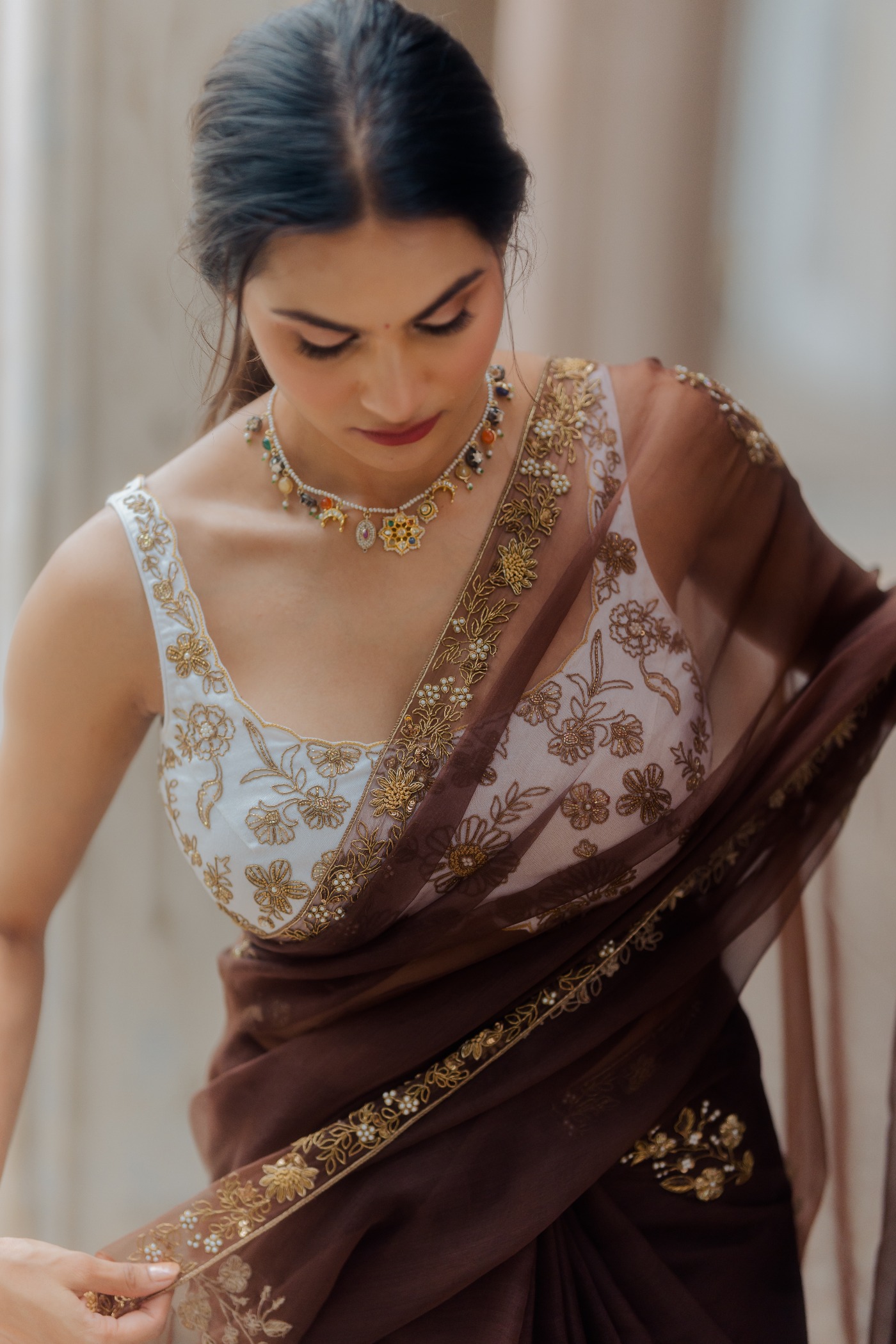 Brown Espresso Organza Saree | Peeli Dori