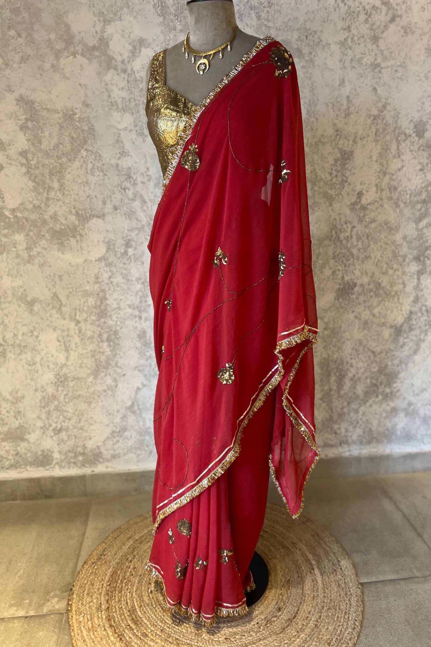 Red Siana Chiffon Saree | Peeli Dori