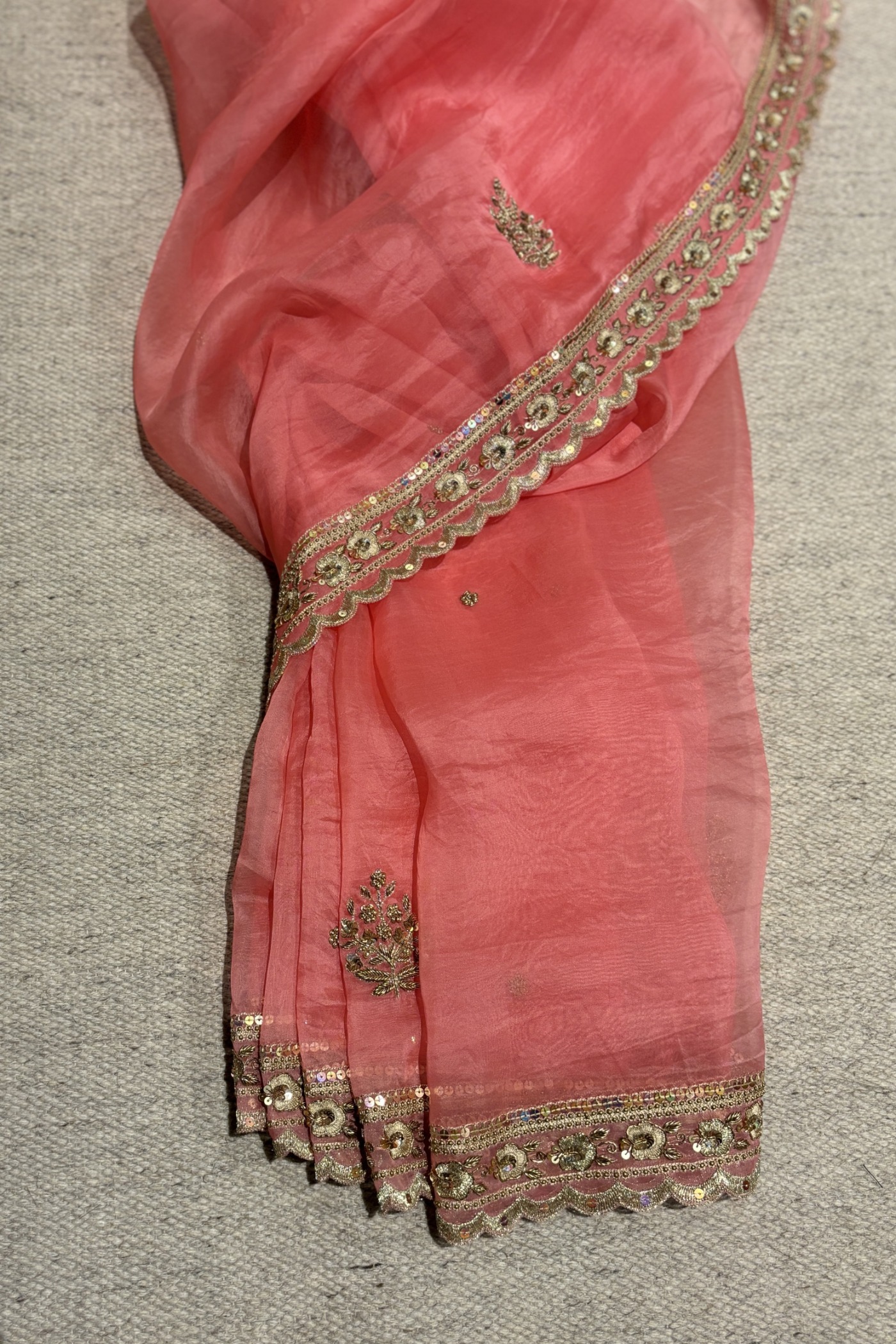 MASTANI CORAL PINK SILK ORGANZA SAREE — Taffy Pink — Silk Organza | Peeli Dori