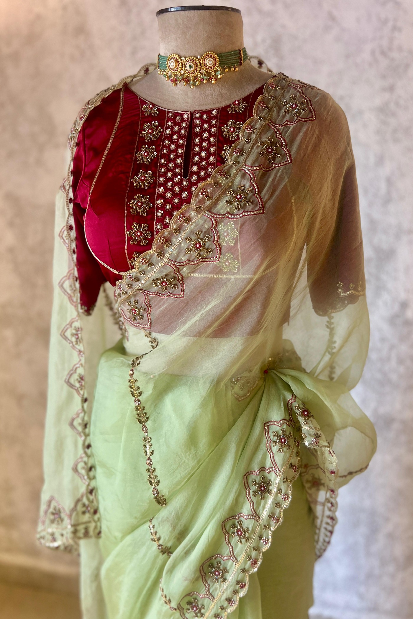 MINT GREEN MEHFIL SAREE — Lime Green — Silk Organza | Peeli Dori