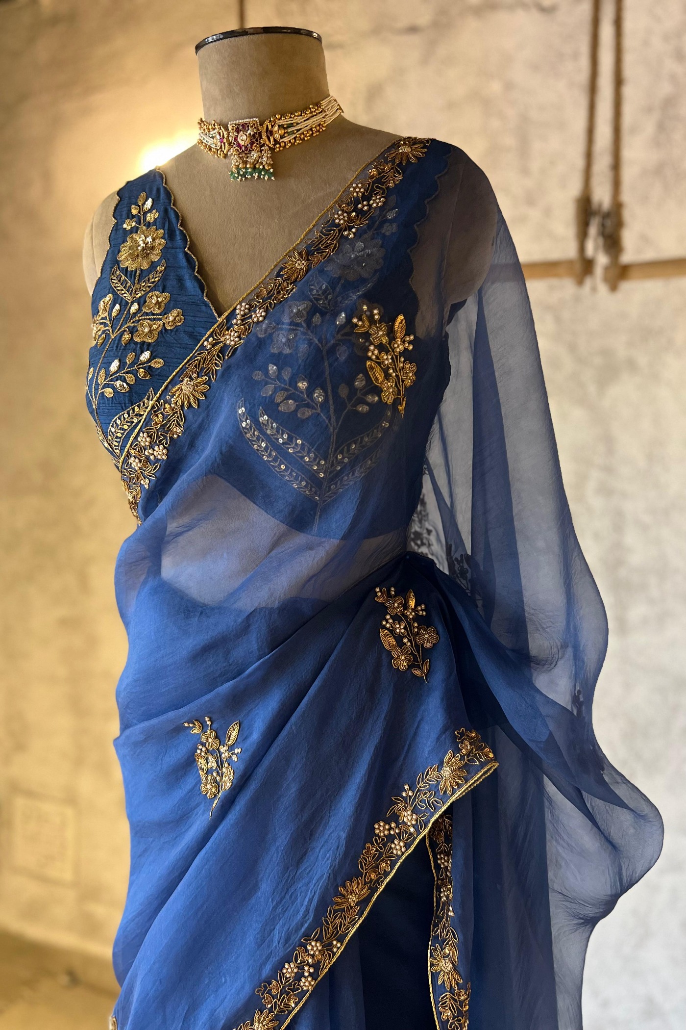 NEELAM SILK ORGANZA SAREE — Ink Blue — Silk Organza | Peeli Dori