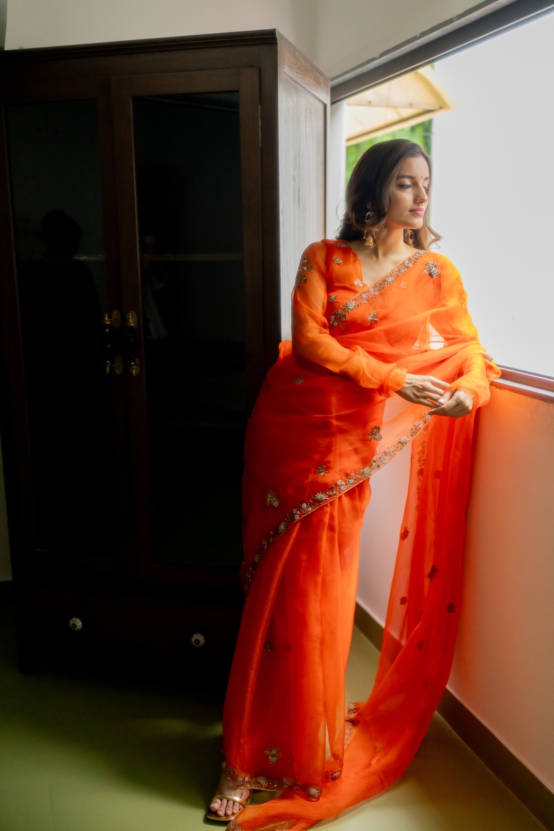 RASHI SILK ORGANZA SAREE — Tangy Orange — Silk Organza | Peeli Dori