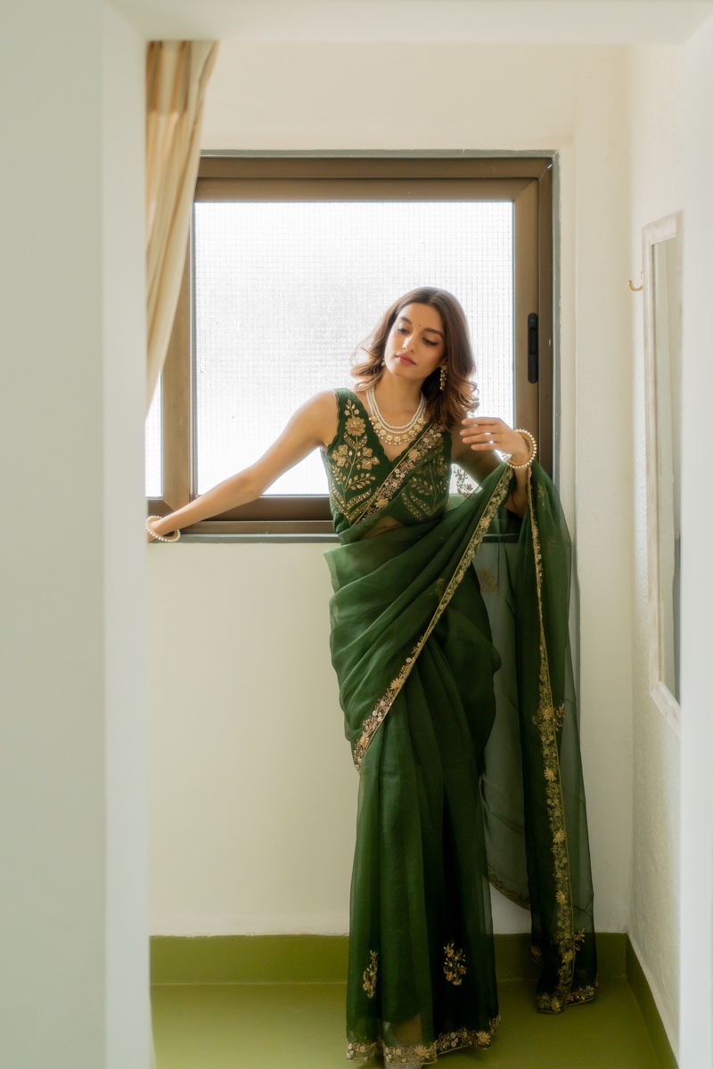 HEERAN SILK ORGANZA SAREE — Olive Green — Silk Organza | Peeli Dori