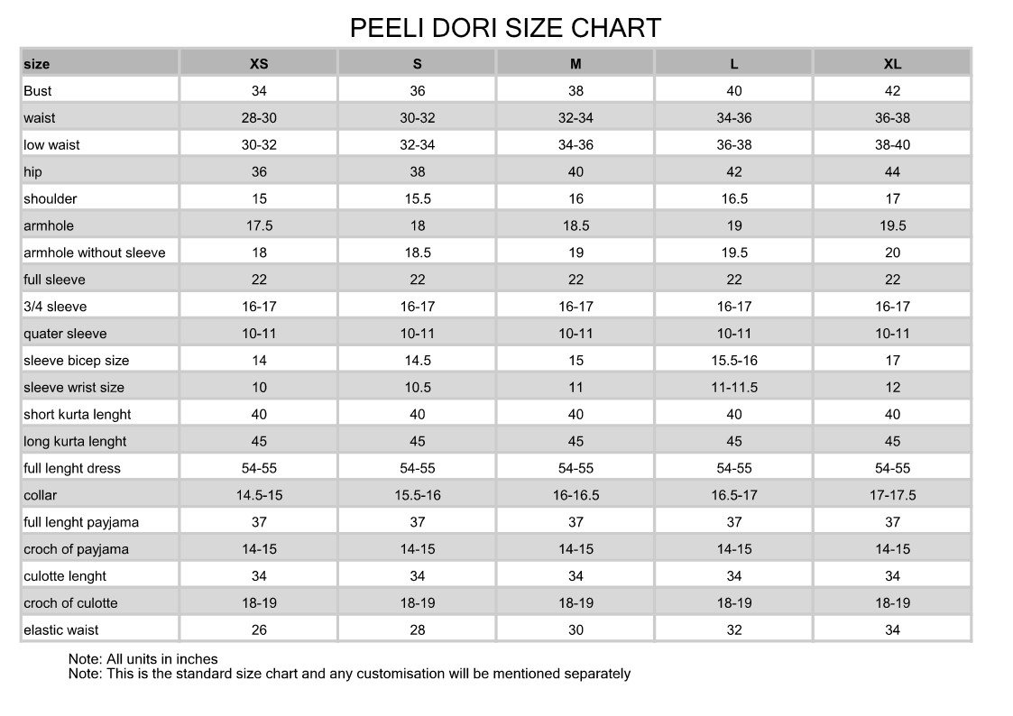 Detail Size chart of PEELI DORI